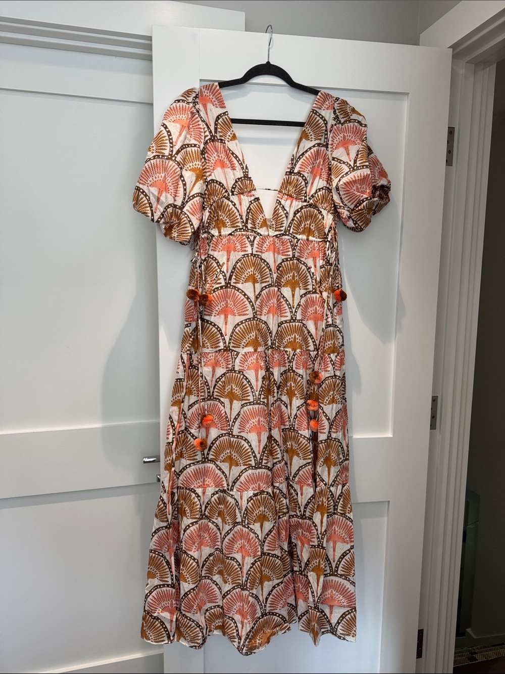 Deep V Maxi Dress in Coral & Tan Fan Print